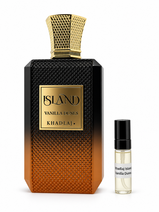 Khadlaj Island Vanilla Dunes fragrance bottle and black-capped sample vial on white