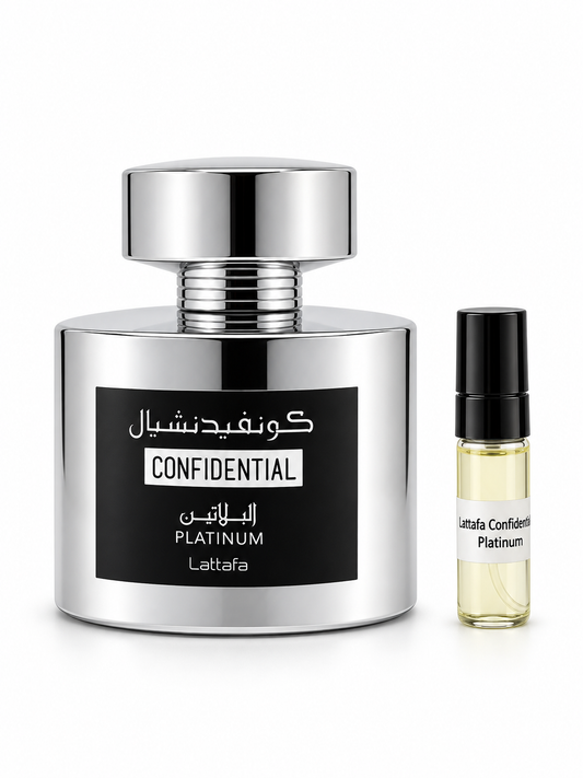 Lattafa Confidential Platinum fragrance bottle and black-capped sample vial on white