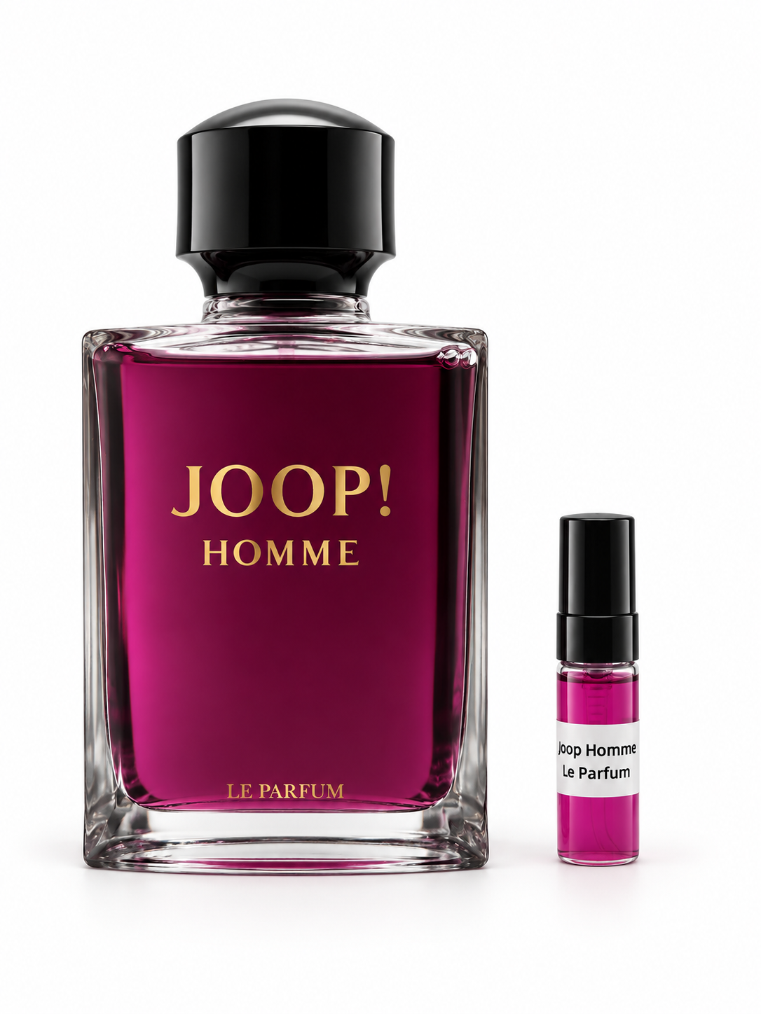 Joop Homme Le Parfum fragrance bottle and black-capped sample vial on white