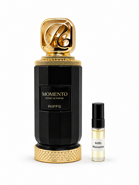 Riiffs Momento fragrance bottle and black-capped sample vial on white