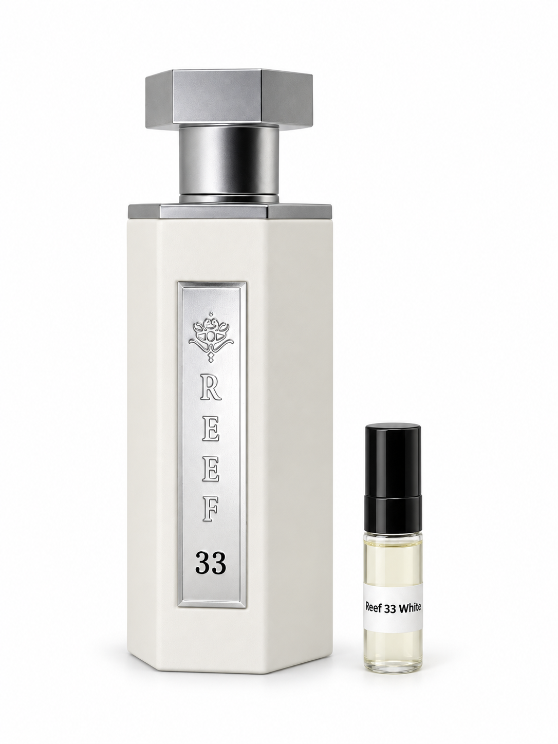 Reef 33 White fragrance bottle and black-capped sample vial on white