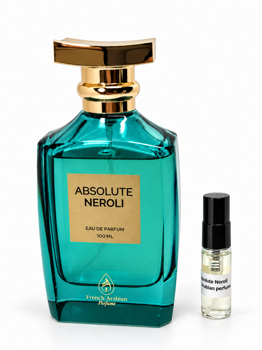 Absolute Neroli French arabian perfumes fragrance bottle and black-capped sample vial on white
