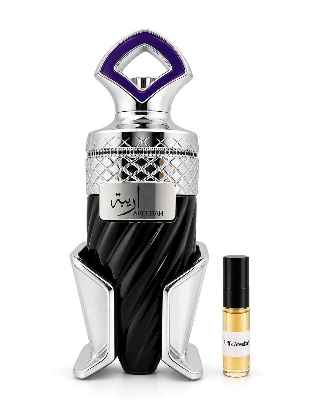 Riiffs Areebah fragrance bottle and black-capped sample vial on white