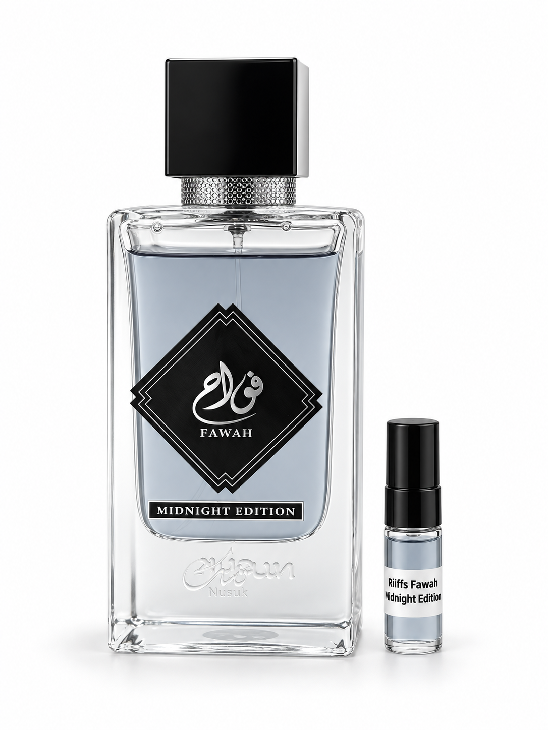 Nusuk Fawah Midnight Edition fragrance bottle and black-capped sample vial on white