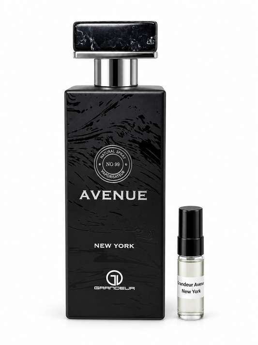 Grandeur Avenue New York fragrance bottle and black-capped sample vial on white
