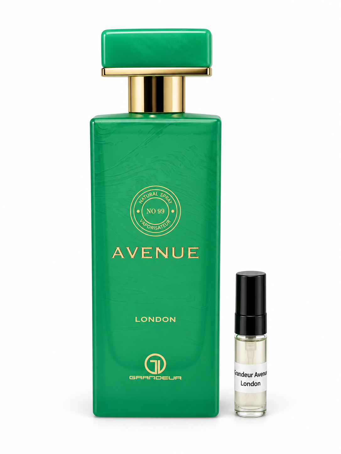 Grandeur Avenue London fragrance bottle and black-capped sample vial on white