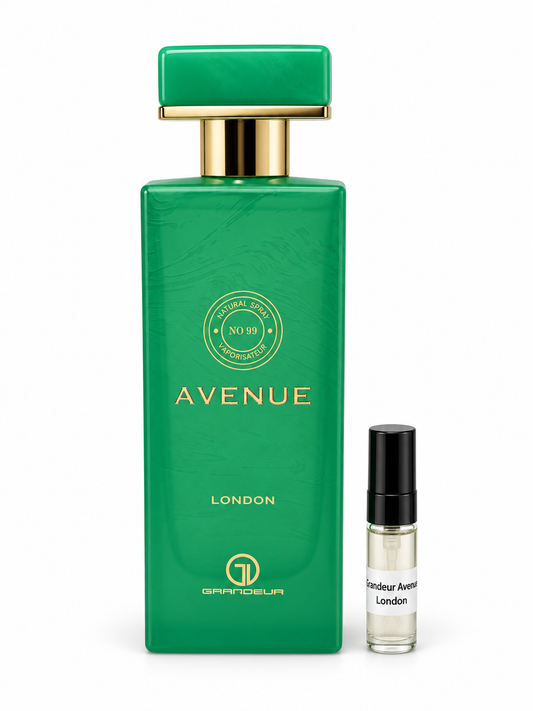 Grandeur Avenue London fragrance bottle and black-capped sample vial on white