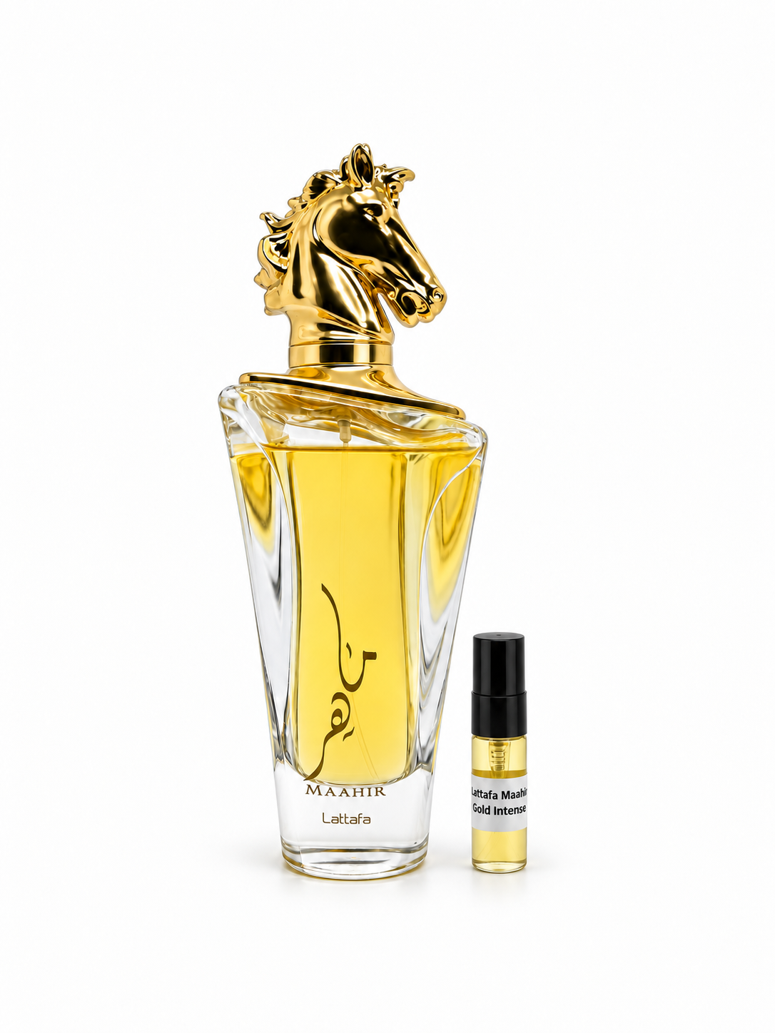 Lattafa Maahir Gold fragrance bottle and black-capped sample vial on white