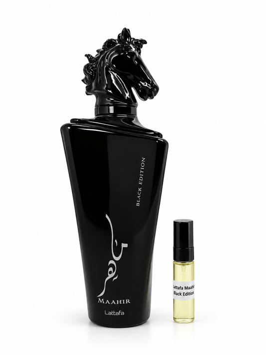 Lattafa Maahir Black fragrance bottle and black-capped sample vial on white
