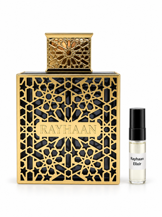 Rayhaan Elixir fragrance bottle and black-capped sample vial on white