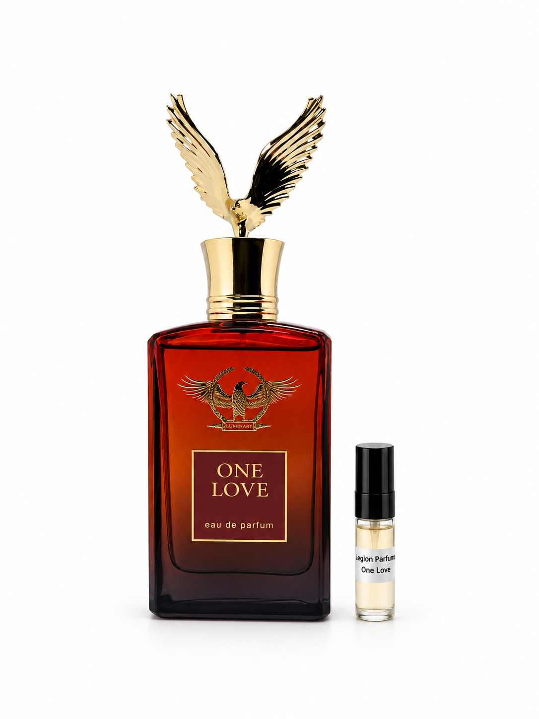 Legion Parfums One Love fragrance bottle and black-capped sample vial on white