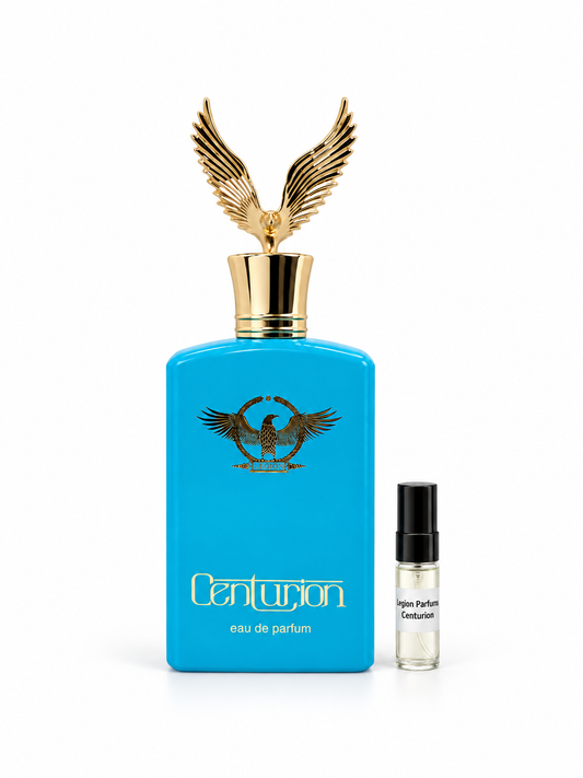 Legion Parfums Centurion fragrance bottle and black-capped sample vial on white
