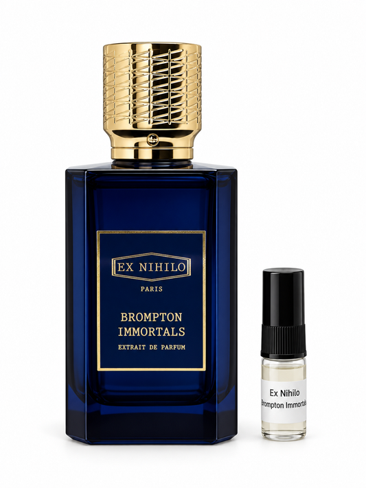 Ex Nihilo Brompton Immortals Extrait De Parfum fragrance bottle and black-capped sample vial on white