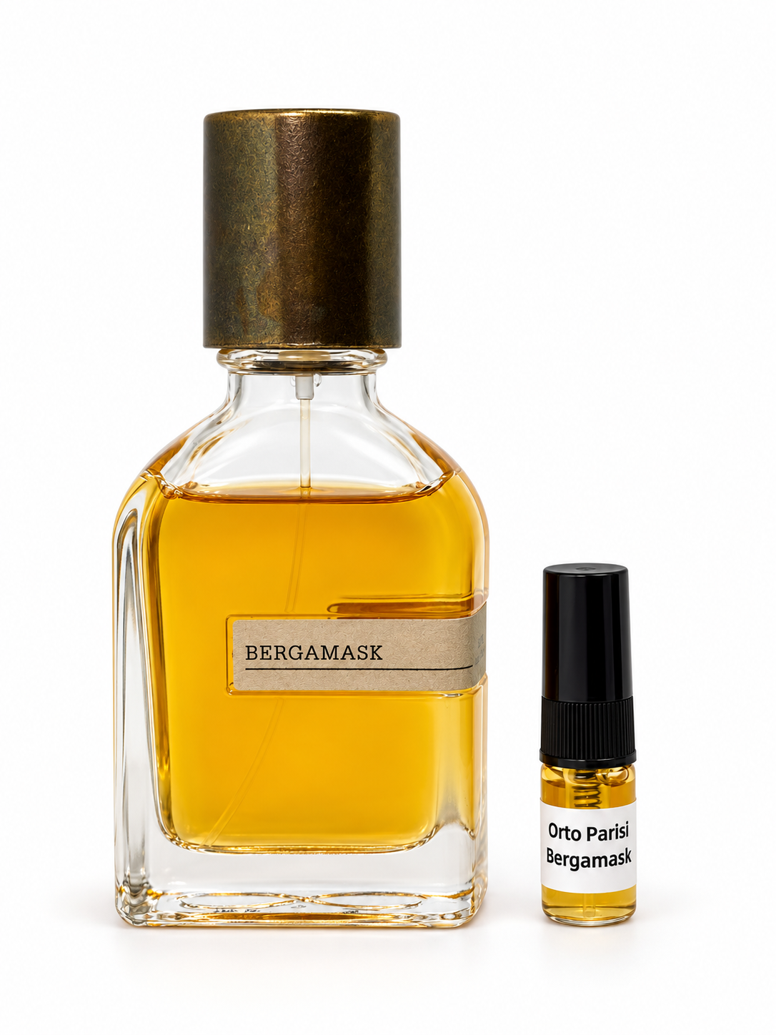 Orto parisi Bergamask fragrance bottle and black-capped sample vial on white