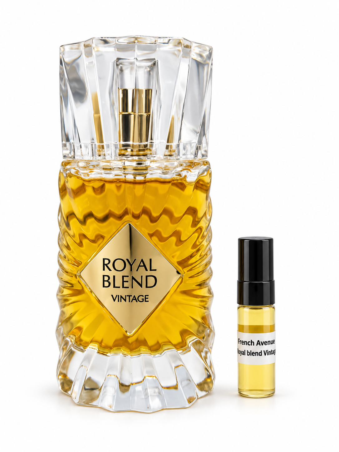 French Avenue Royal Blend Vintage fragrance bottle and black-capped sample vial on white