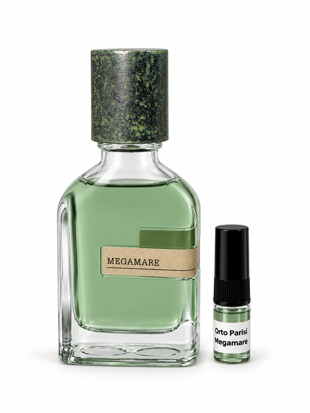 Orto parisi Megamare fragrance bottle and black-capped sample vial on white