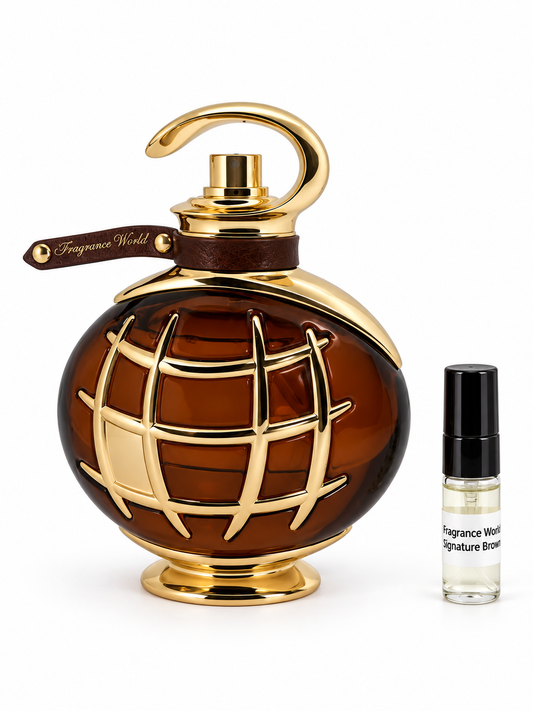 Fragrance World Signature Brown fragrance bottle and black-capped sample vial on white