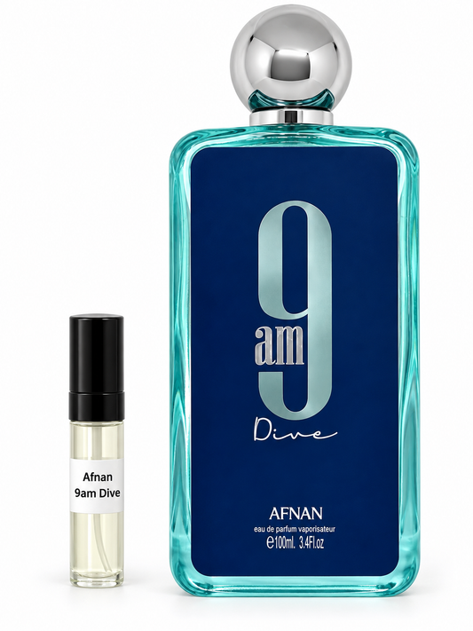 Afnan 9am Dive fragrance bottle and black-capped sample vial on white