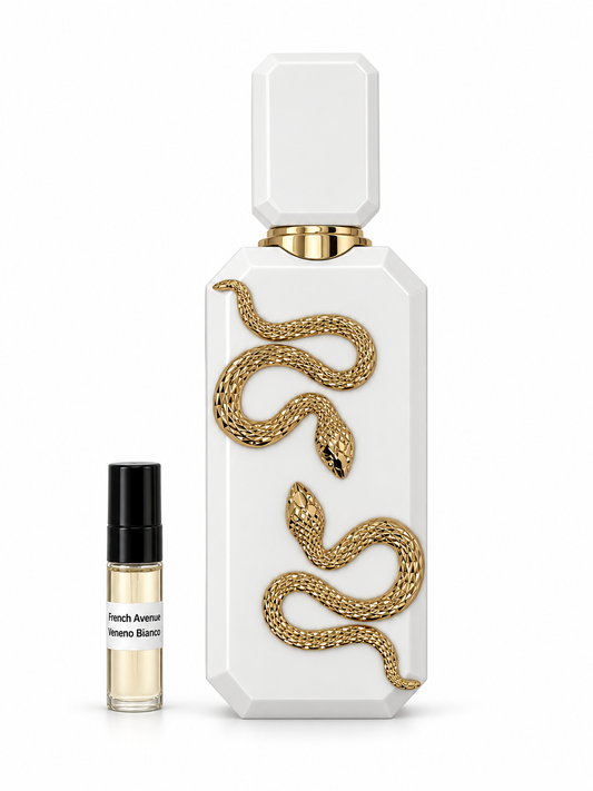 French Avenue Veneno Bianco fragrance bottle and black-capped sample vial on white