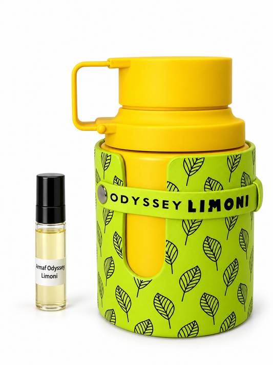 Armaf Odyssey Limoni Fresh fragrance bottle and black-capped sample vial on white