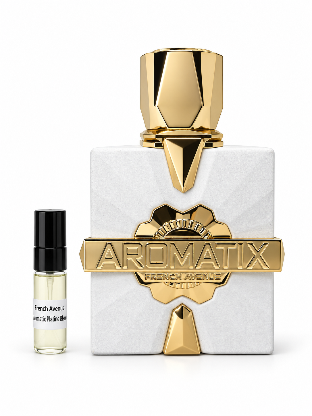 French Avenue Aromatix Platine Blanc fragrance bottle and black-capped sample vial on white