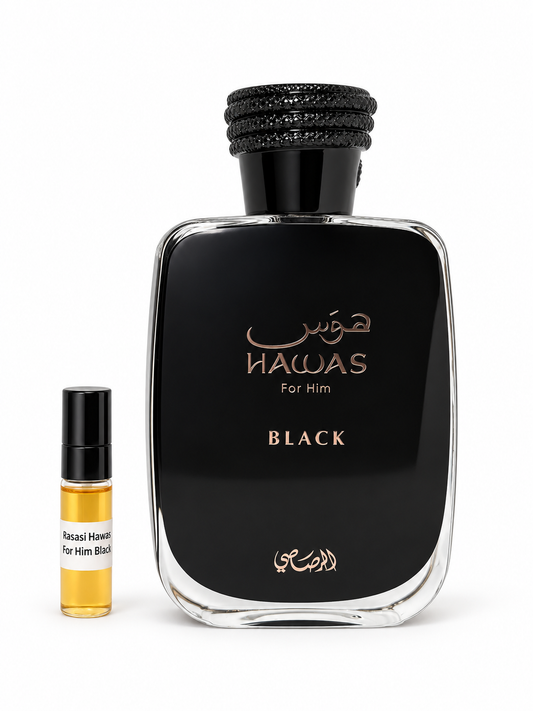 Rasasi Hawas For Him Black fragrance bottle and black-capped sample vial on white
