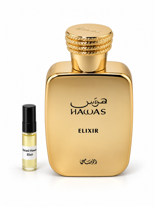 Rasasi Hawas Elixir fragrance bottle and black-capped sample vial on white