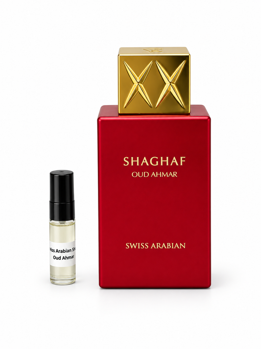 Swiss Arabian Shaghaf Oud Ahmar fragrance bottle and black-capped sample vial on white