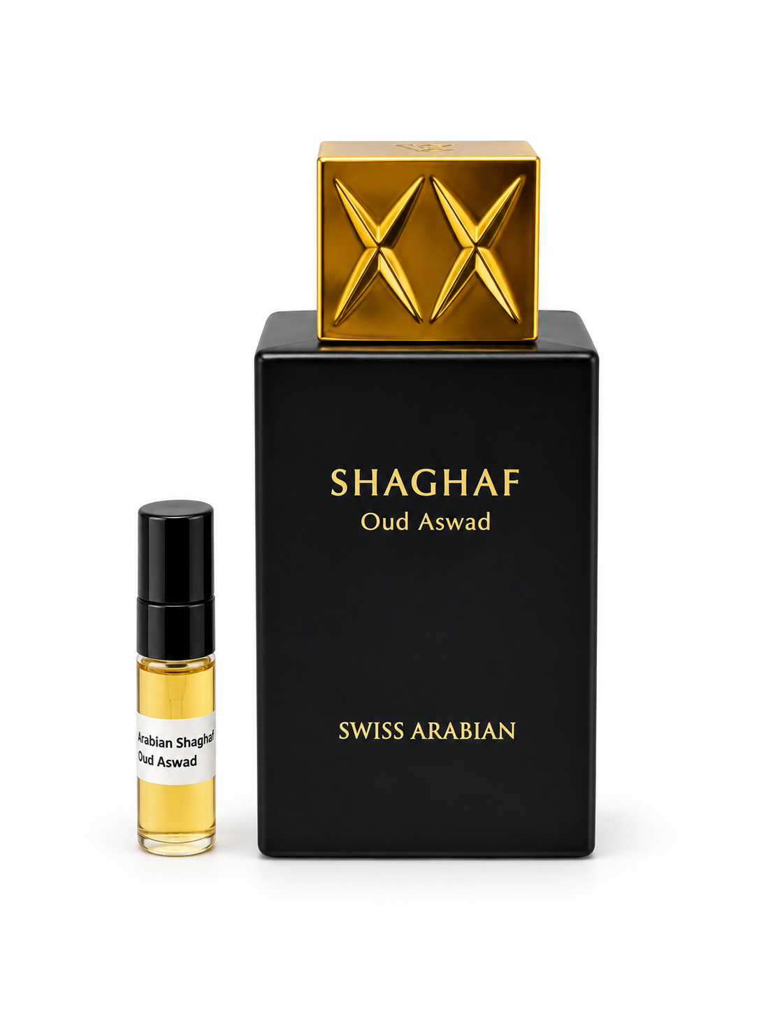 Swiss Arabian Shaghaf Oud Aswad fragrance bottle and black-capped sample vial on white