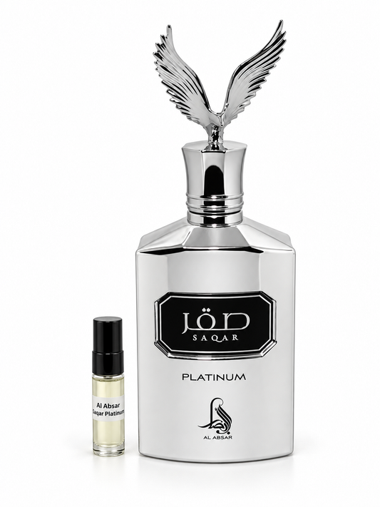 Al absar Saqar Platinum fragrance bottle and black-capped sample vial on white
