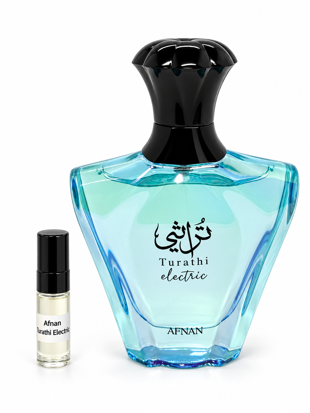 Afnan Turathi Electric fragrance bottle and black-capped sample vial on white