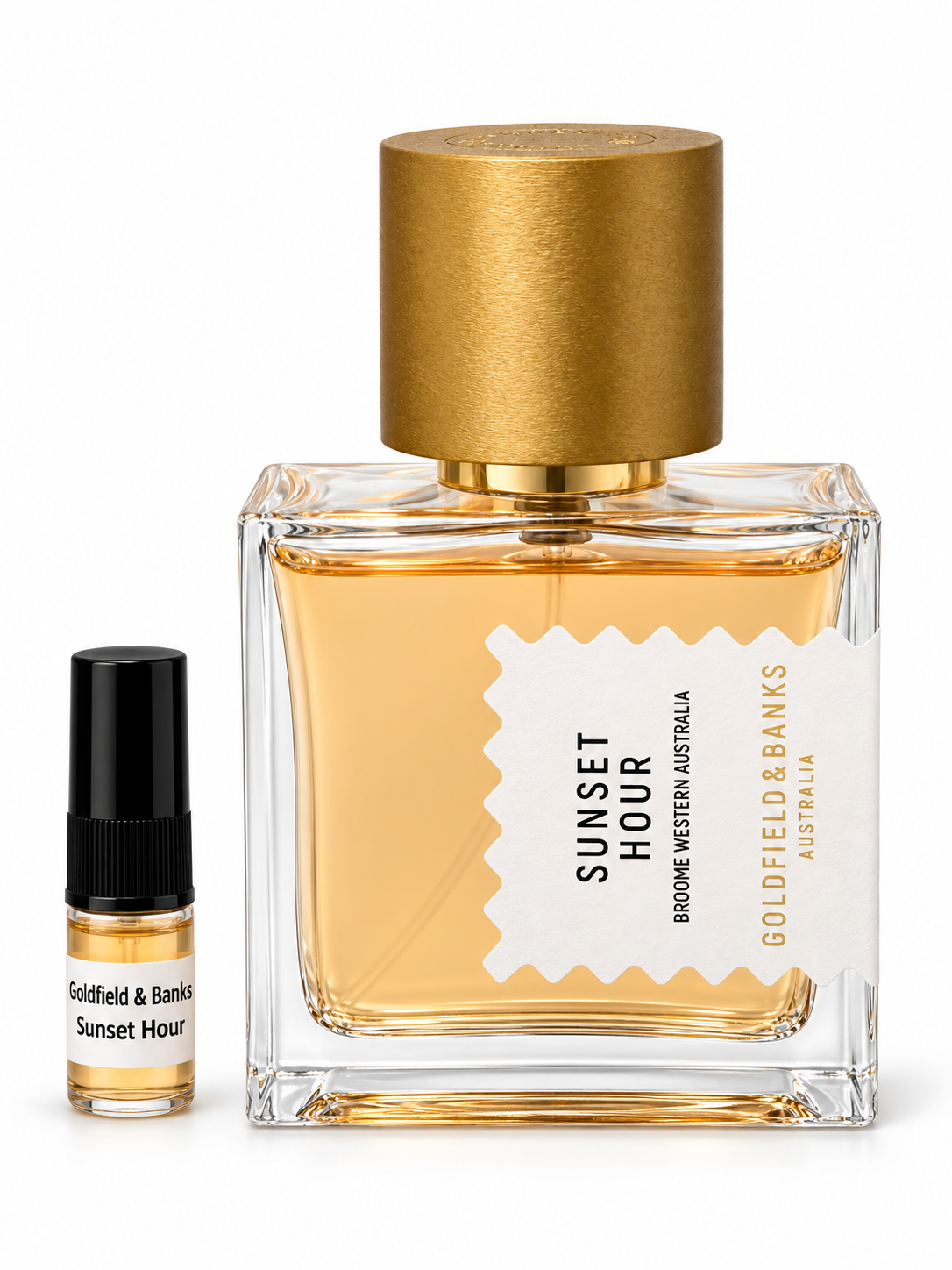 Goldfield &  Banks Sunset Hour fragrance bottle and black-capped sample vial on white