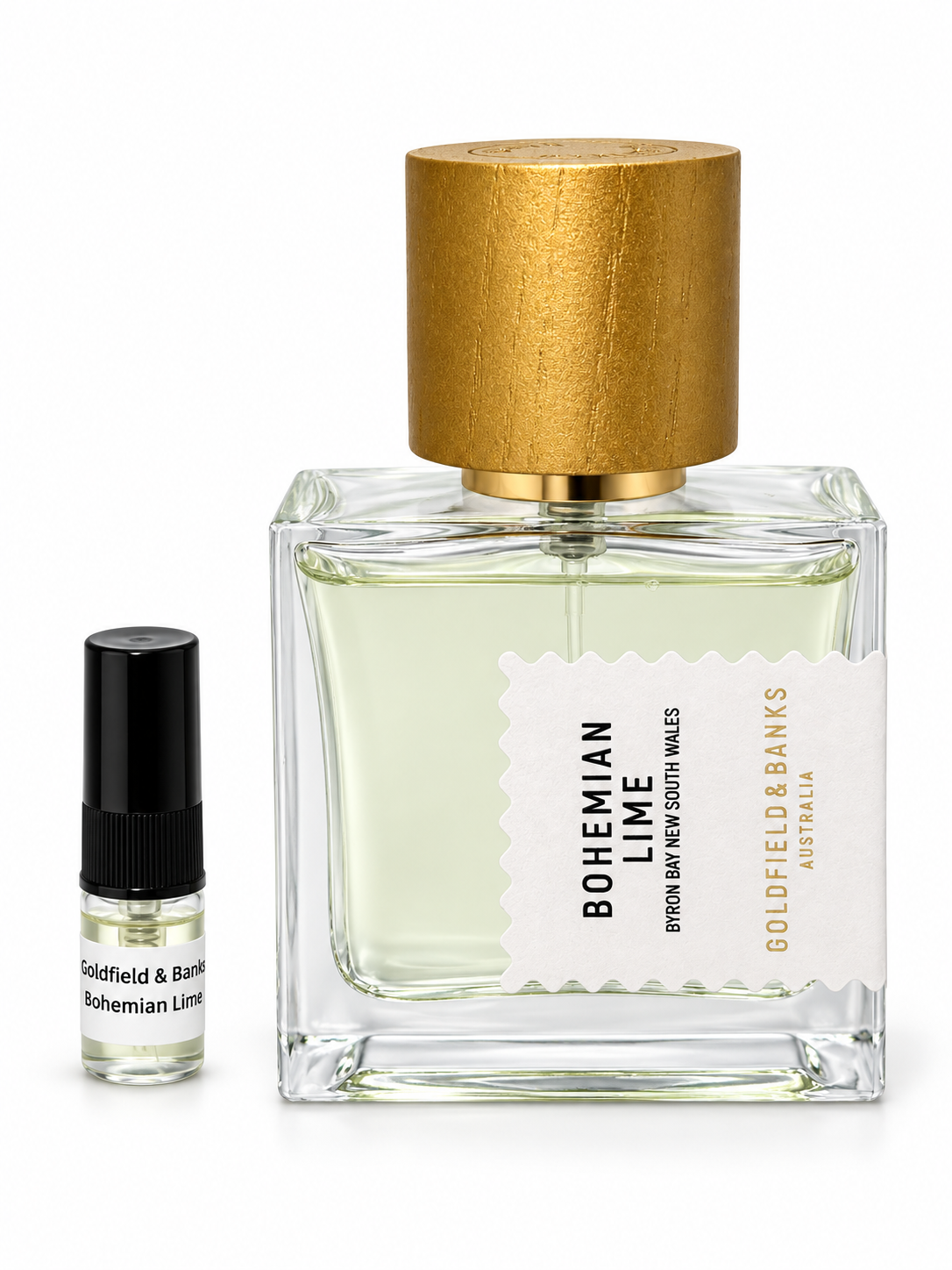 Goldfield &  Banks Bohemian Lime fragrance bottle and black-capped sample vial on white