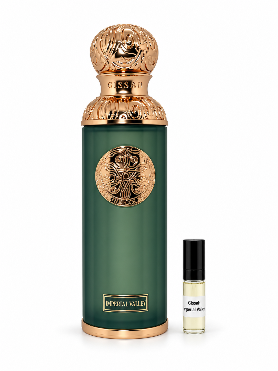 Gissah Imperial Valley fragrance bottle and black-capped sample vial on white