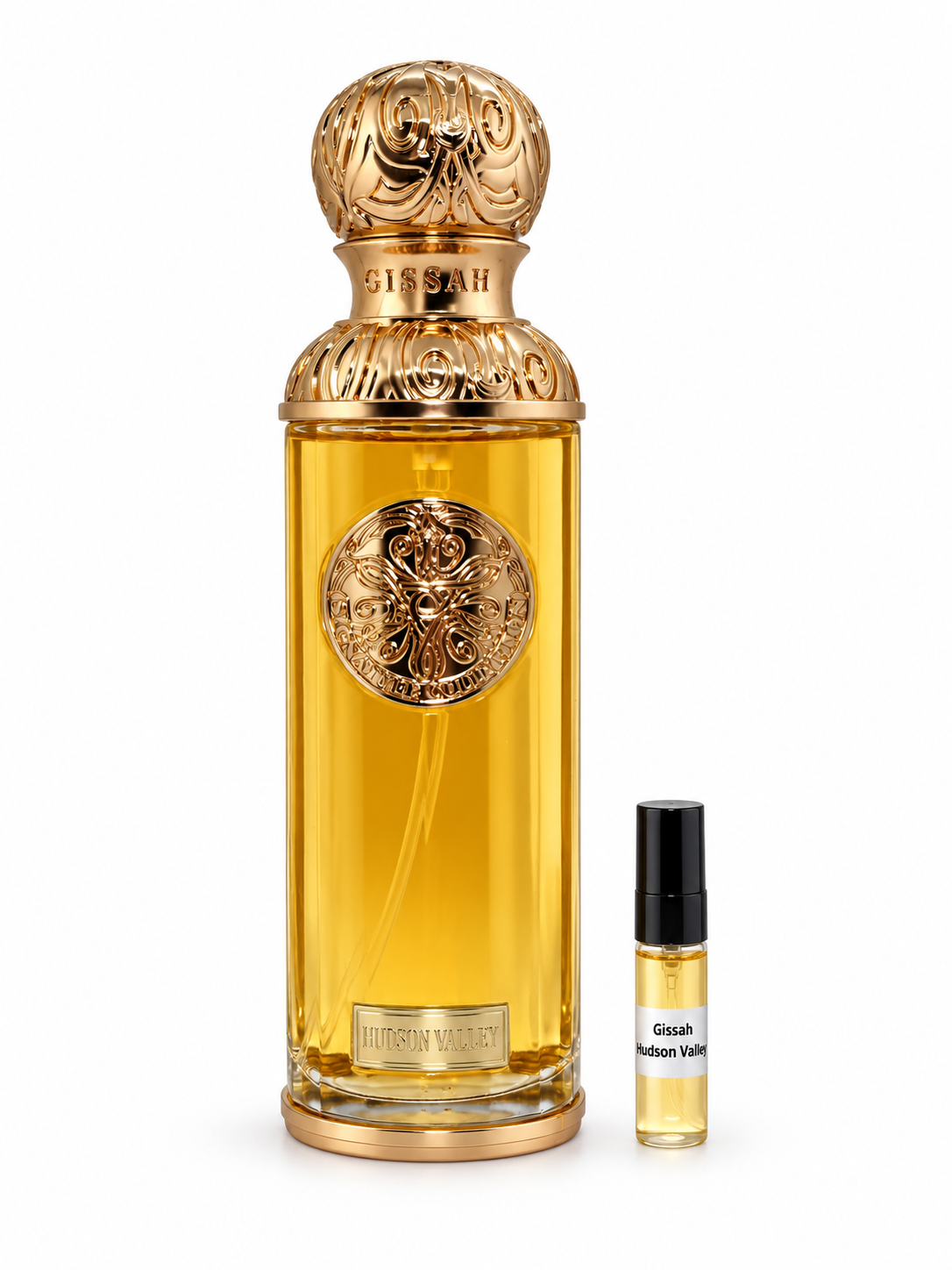 Gissah Hudson Valley fragrance bottle and black-capped sample vial on white