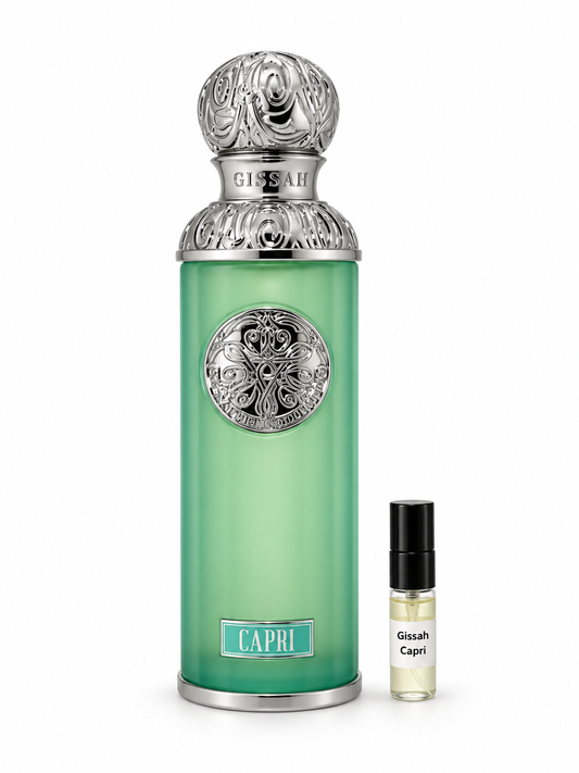 Gissah Capri fragrance bottle and black-capped sample vial on white