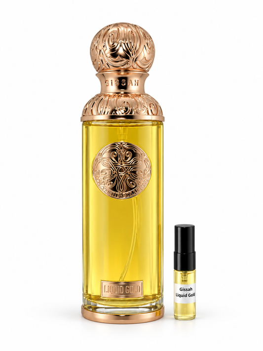 Gissah Liquid Gold fragrance bottle and black-capped sample vial on white