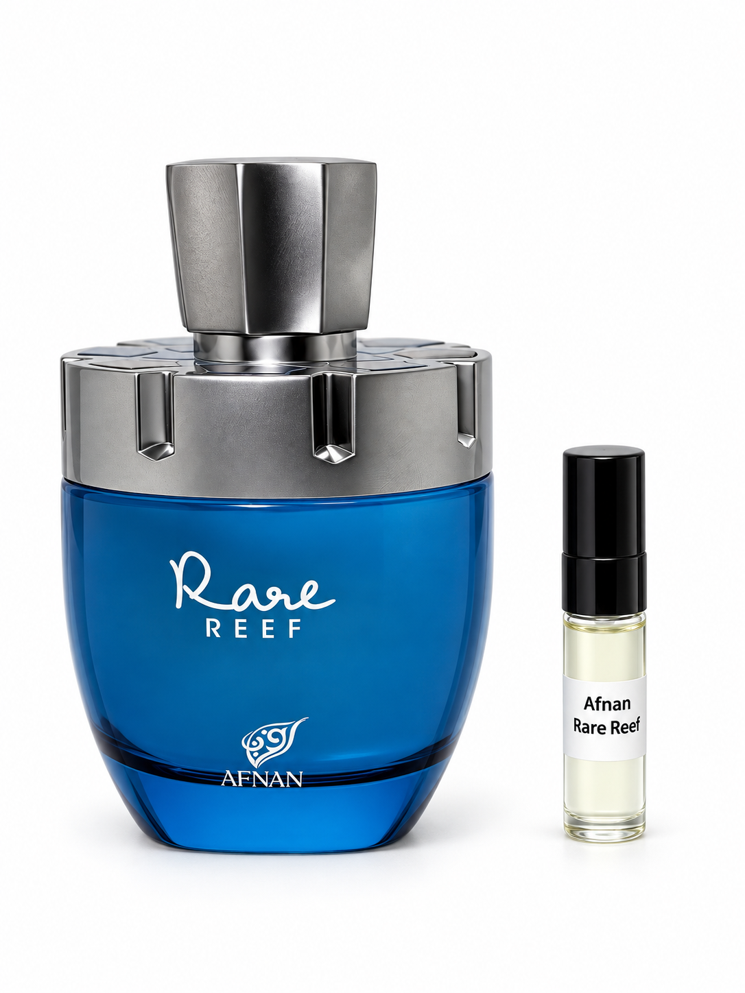 Afnan Rare Reef fragrance bottle and black-capped sample vial on white