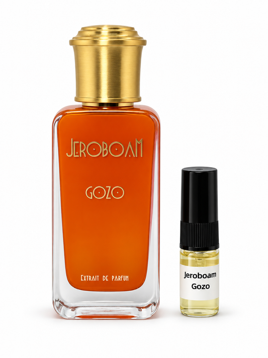 Jeroboam Gozo fragrance bottle and black-capped sample vial on white