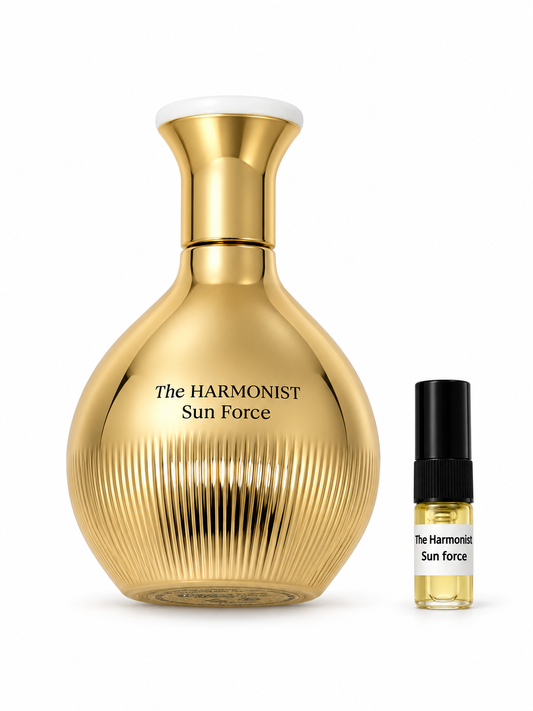 The Harmonist Sun Force fragrance bottle and black-capped sample vial on white