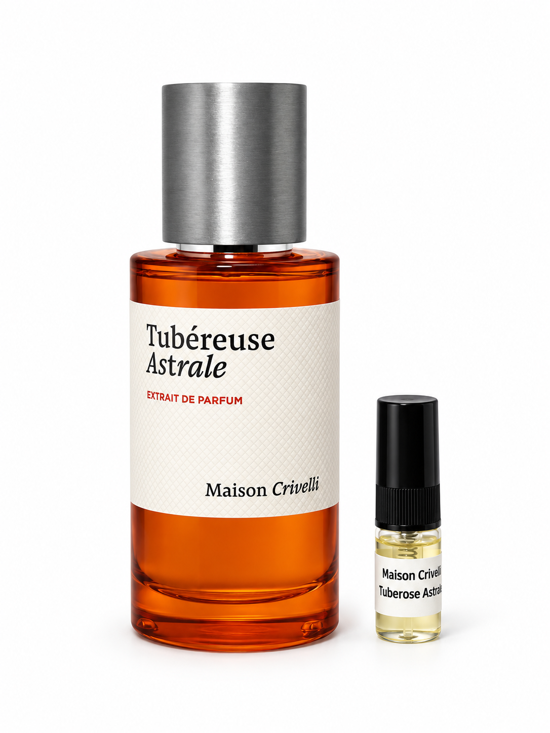 Maison Crivelli Tubereuse Astrale fragrance bottle and black-capped sample vial on white
