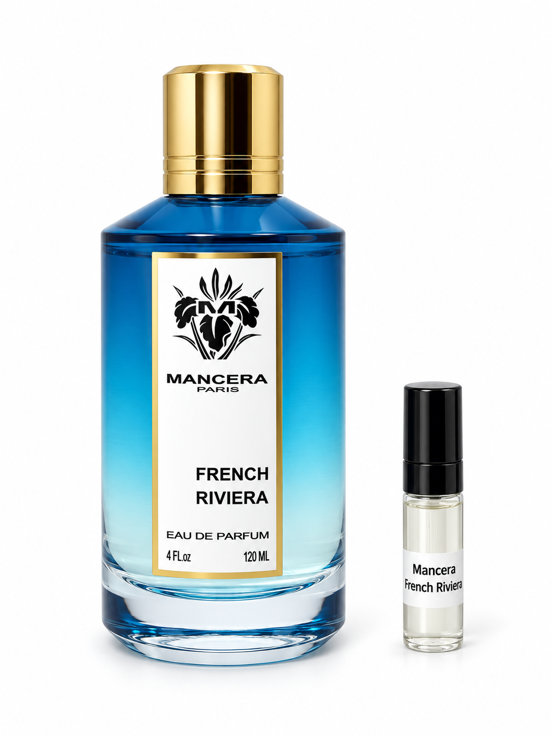 Mancera French Riviera fragrance bottle and black-capped sample vial on white