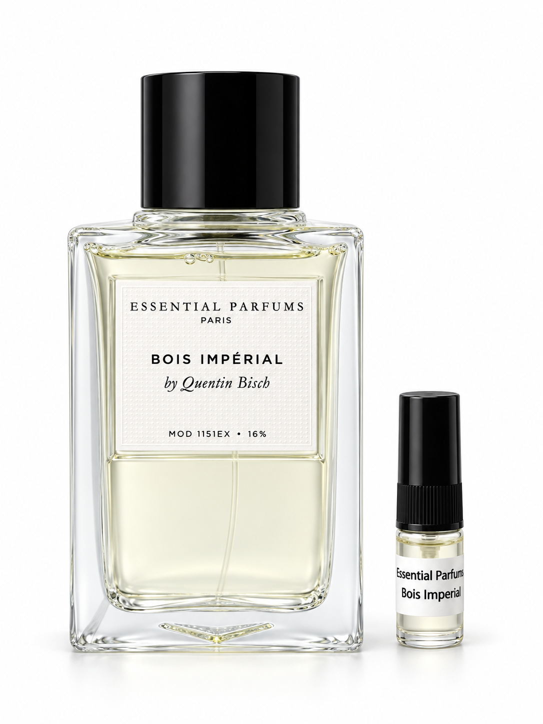 Essential Parfums Bois Imperial fragrance bottle and black-capped sample vial on white