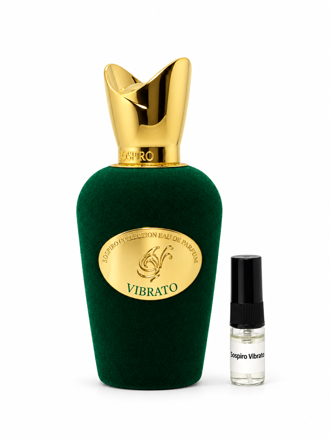 Sospiro Vibrato fragrance bottle and black-capped sample vial on white