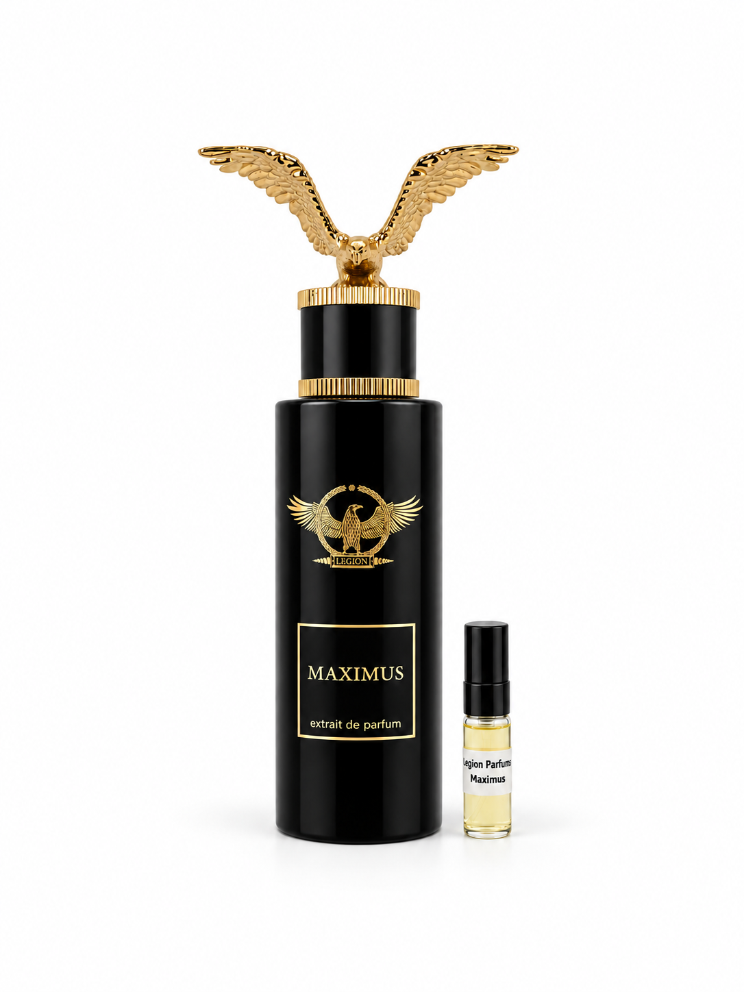 Legion Parfums Maximus fragrance bottle and black-capped sample vial on white