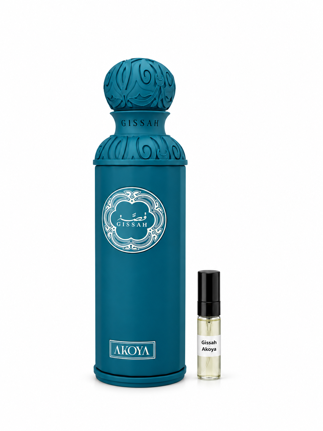 Gissah Akoya fragrance bottle and black-capped sample vial on white