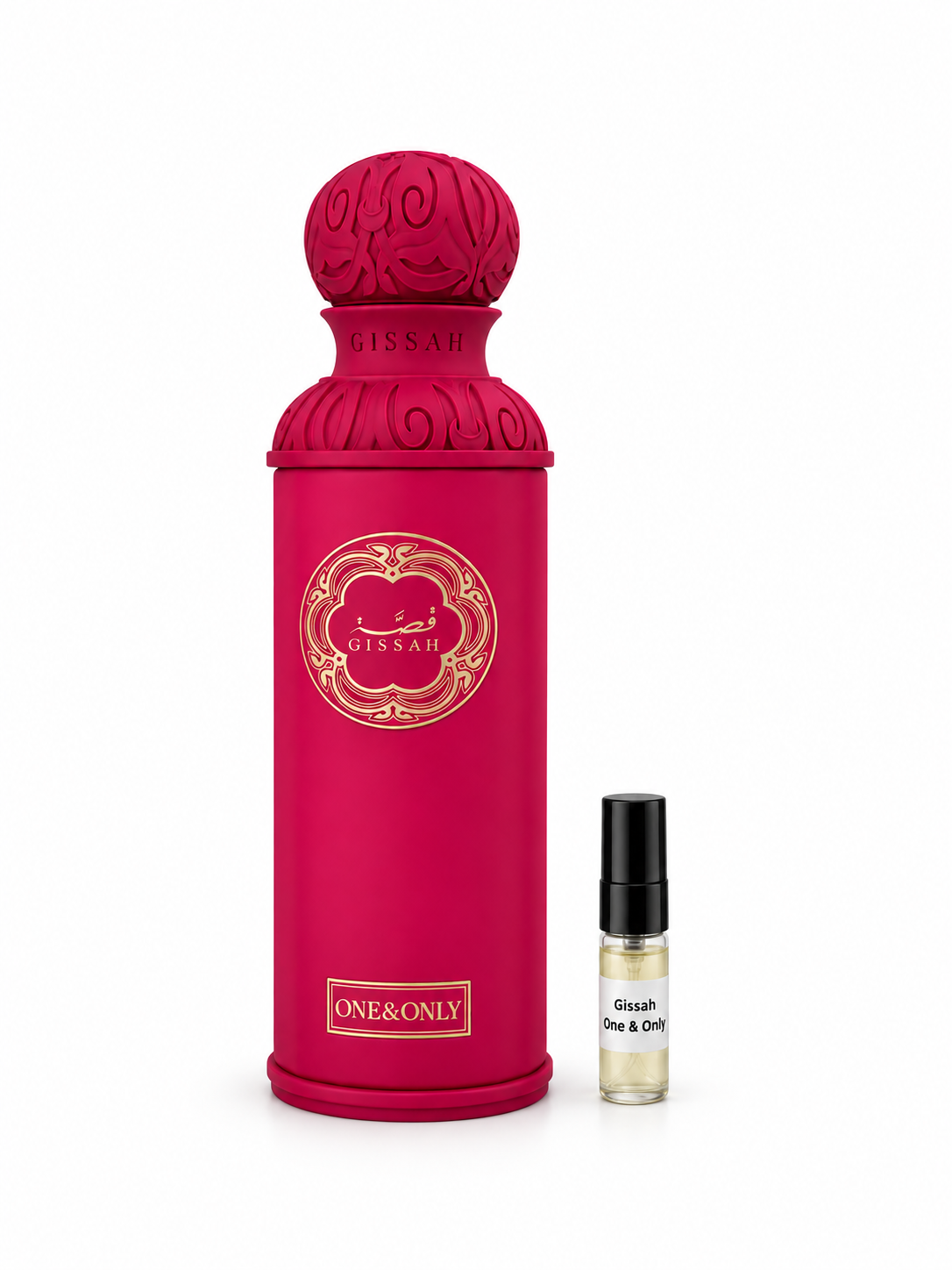 Gissah One & Only fragrance bottle and black-capped sample vial on white