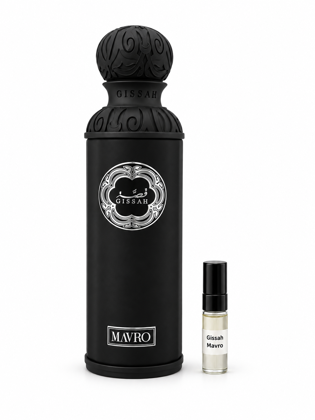 Gissah Mavro fragrance bottle and black-capped sample vial on white
