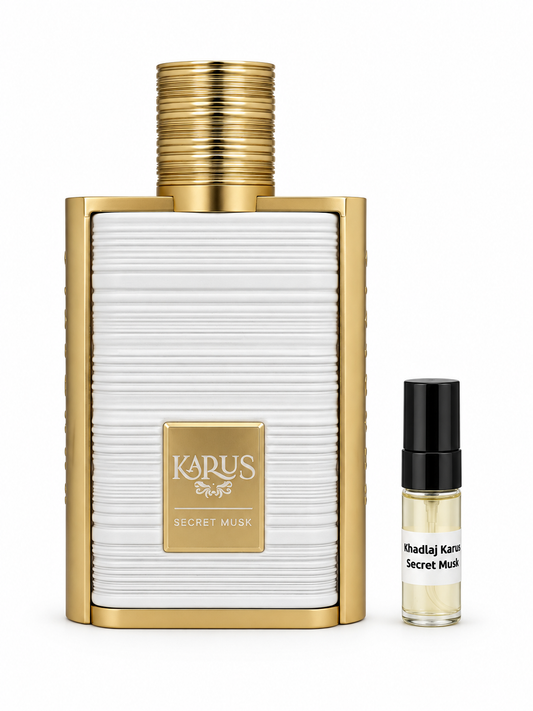 Khadlaj Karus Secret Musk fragrance bottle and black-capped sample vial on white
