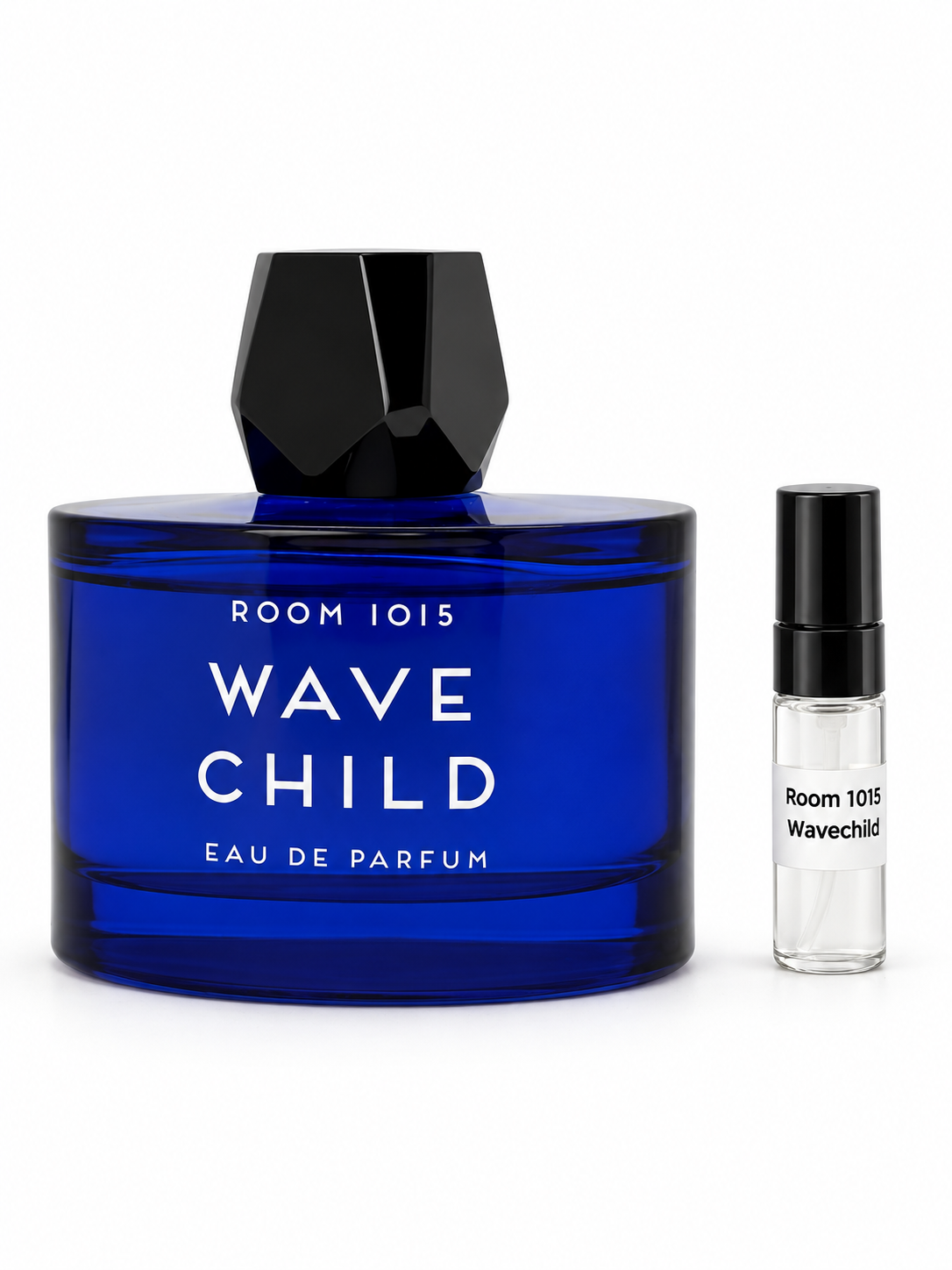 Room 1015 Wavechild fragrance bottle and black-capped sample vial on white
